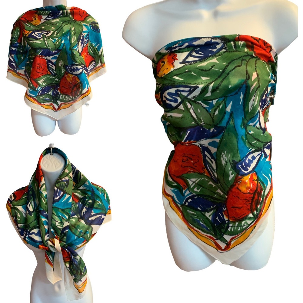 Vintage 1988 Ginnie Johansen Vibrant Floral Cotton Scarf Made in Japan 35" x 35"